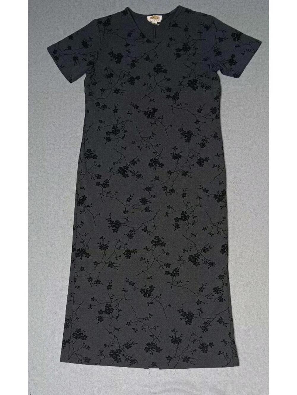 Talbots Petites Maxi Dress Womens Size P Grey Gray With Black Flowers Vneck...